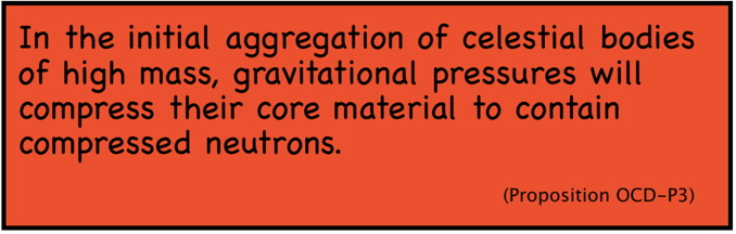 Proposition OCD-P3. In the initial aggregation of celestial bodies of high mass, gravitational pressures will compress their core material to contain compressed neutrons